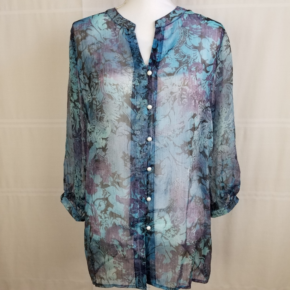 Salon Studio dark floral sheer long sleeve tunic M